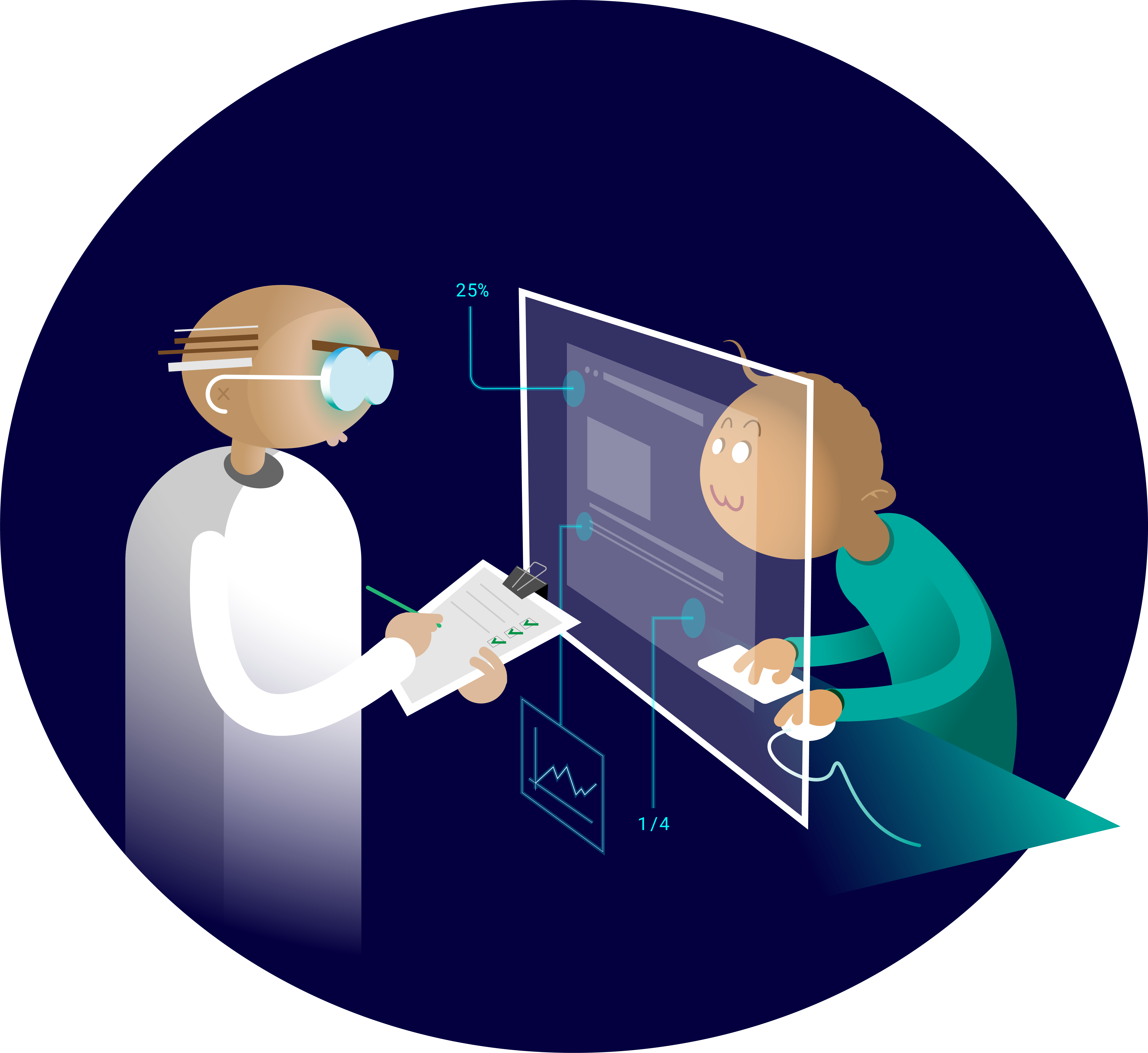 person arbetar vid en dator som har en genomskinlig skärm där en analysperson observerar arbetet