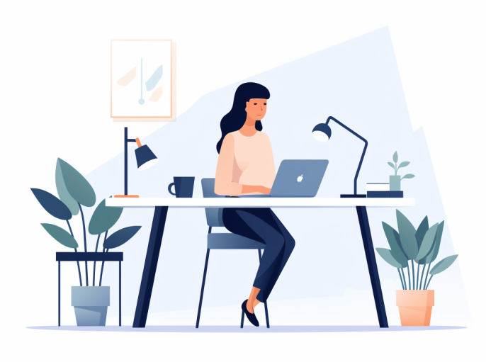 Kvinna vid skrivbord som arbetar på sin laptop