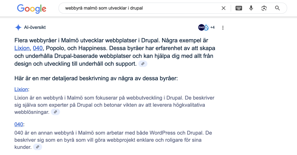 skärmdump på ai sammanfattning i google sök på webbyrå  malmö drupal