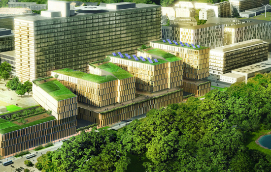 Vy över stadsmiljö med hus och parker