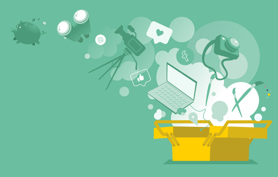 illustration på verktygslåda som sprutar ut saker